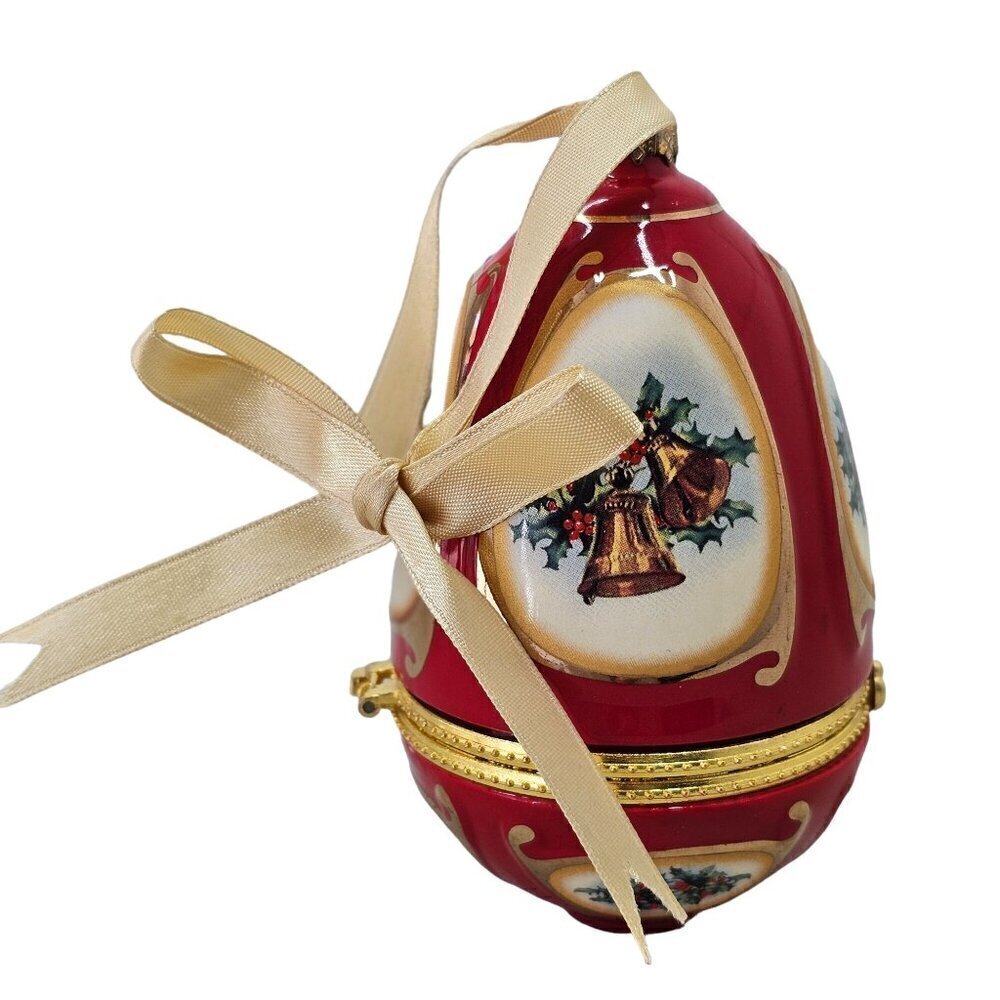 Mr Christmas Red Christmas Gift Box Ceramic Egg Shaped Ornament Gold Latch VTG
